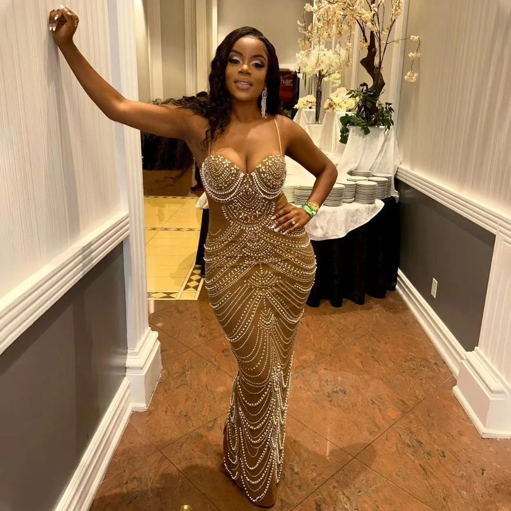 セクシーなロングイブニングドレス、ストラップパールとラインストーングリッター付き、レディースパーティードレス、ポリエステルミッドウエストボディコンスカート