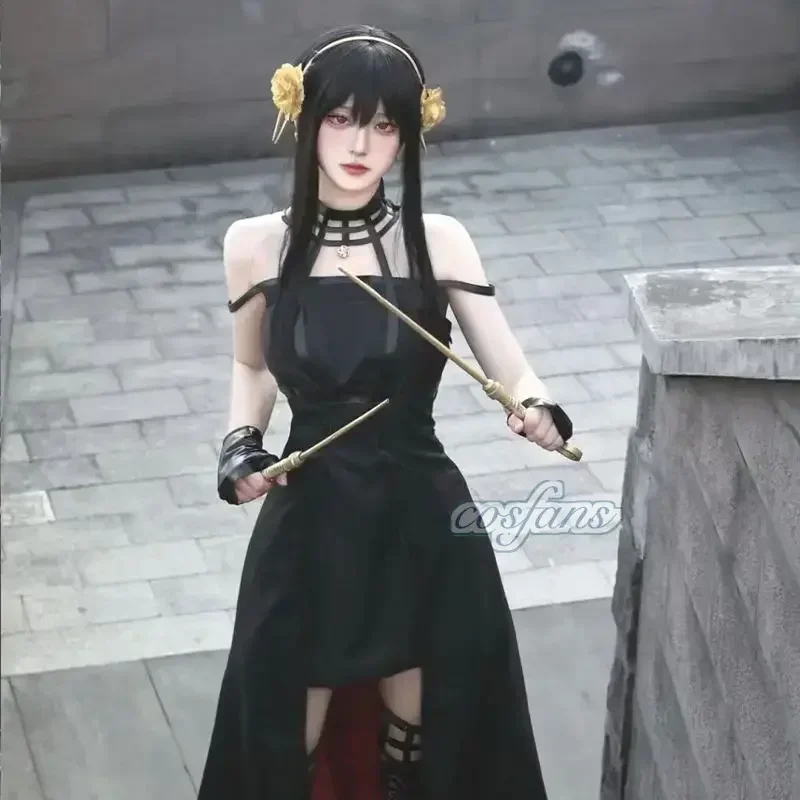 جاسوس X الأسرة يور مزور تأثيري القوطية الرسن فستان أسود جوارب جلدية الزي يور القرط شعر مستعار ملابس حريمي