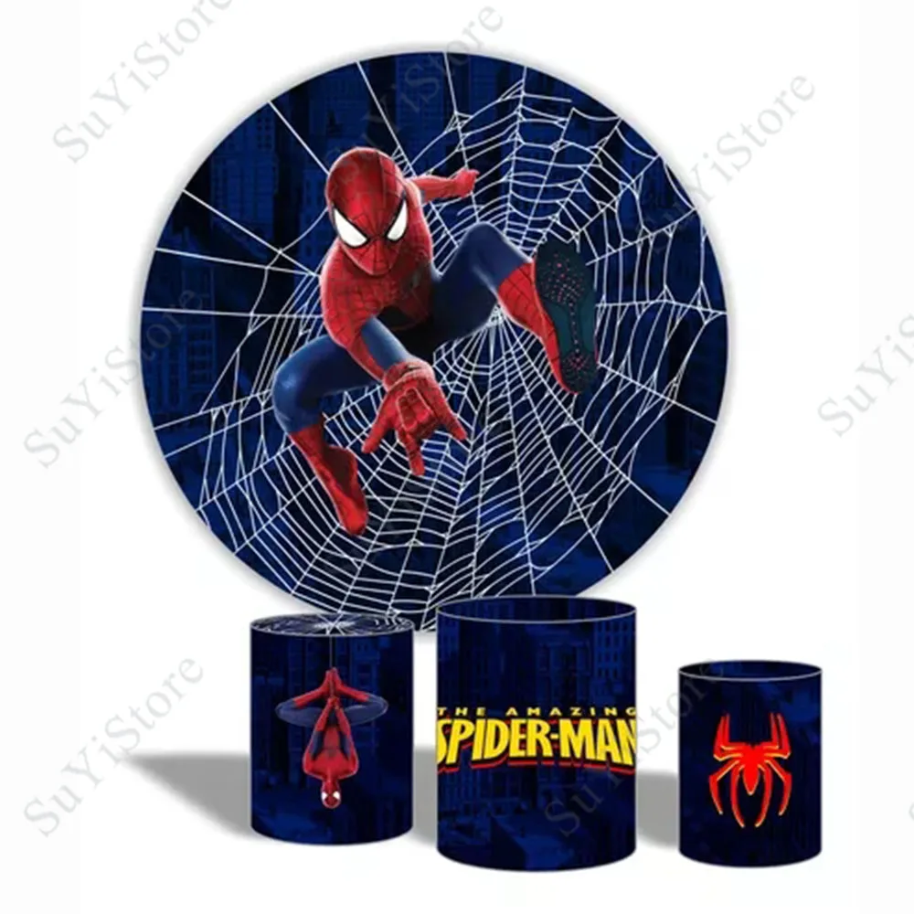 Marvel SpiderMan Round Photo Backdrop Boys Birthday Baby Shower SuperHero Theme Circle Photography Background Cylinder Covers