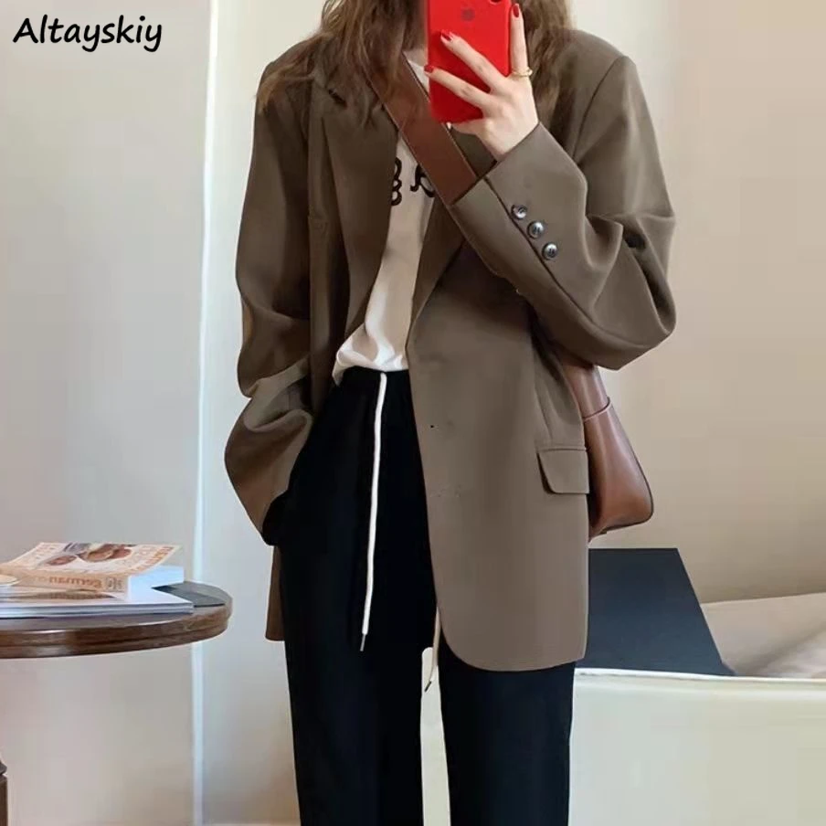 Blazers Women Retro British Style Solid Brown Single Breasted Loose Suit Blazer Elegant High Street Notched Outwear Office Lady