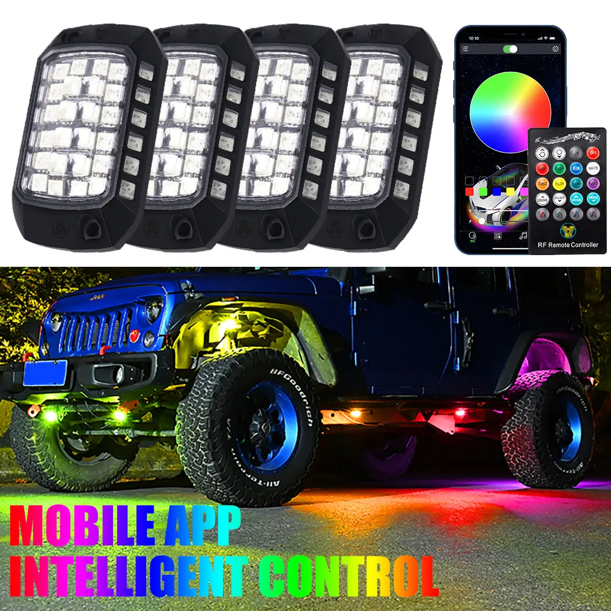 

4/8/12PCS RGB LED Rock Light APP Remote Control 3D Lens Neon Car Underglow Chassis Light for Offroad Truck SUV ATV UTV Accessory