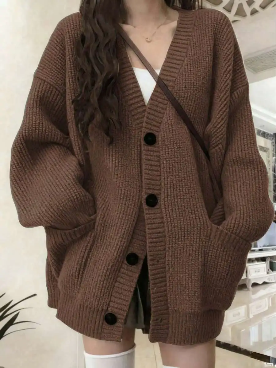 

Brown Oversized V-Neck Knit Cardigan with Black Buttons, Loose Fit
