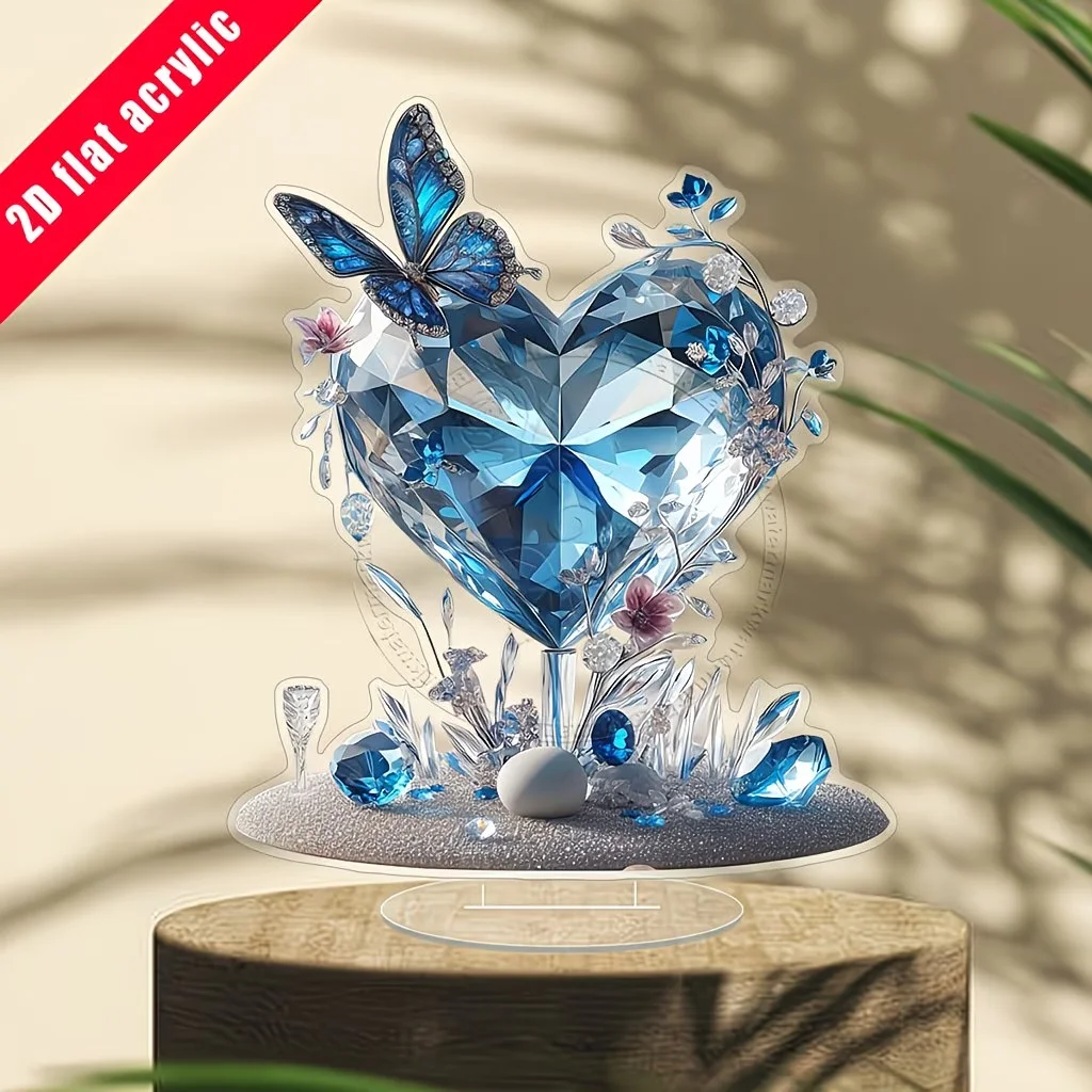 Blue butterfly Heart-Shaped Crystal Acrylic desktop Decoration, Elegant Mother's Day Gift, Home Office Party Decoration