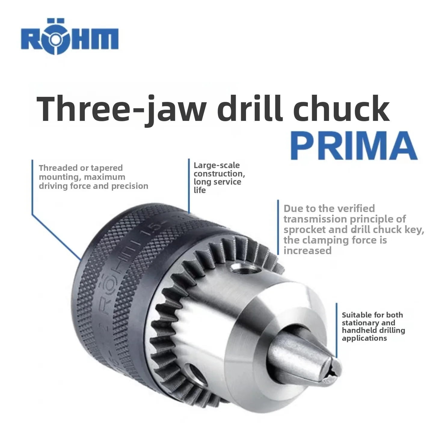 German ROHM Drill Chuck 1/2 - 3/8 Threaded Hole Keyed Drill Adapter Ideal for Professional and DIY Drilling Tasks