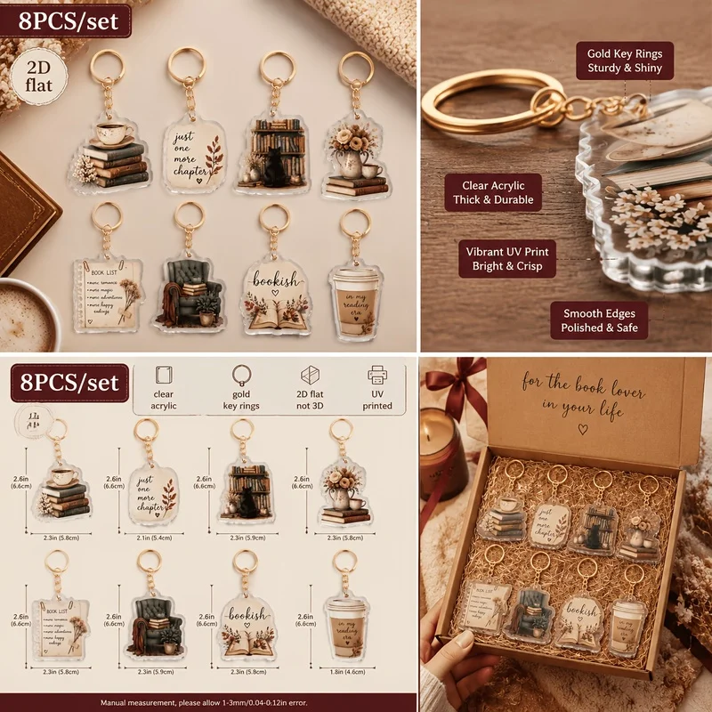 8pcs Bookworm Acrylic Keychain – Reading Scene Cozy Design, Gift for Book Lovers & Literature Fans
