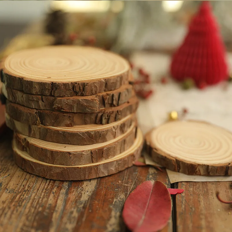 3-12cm Natural Pine Round Wood Slices Circles With Tree Bark Log Discs DIY Christmas Crafts Wedding Party Painting Coaster decor