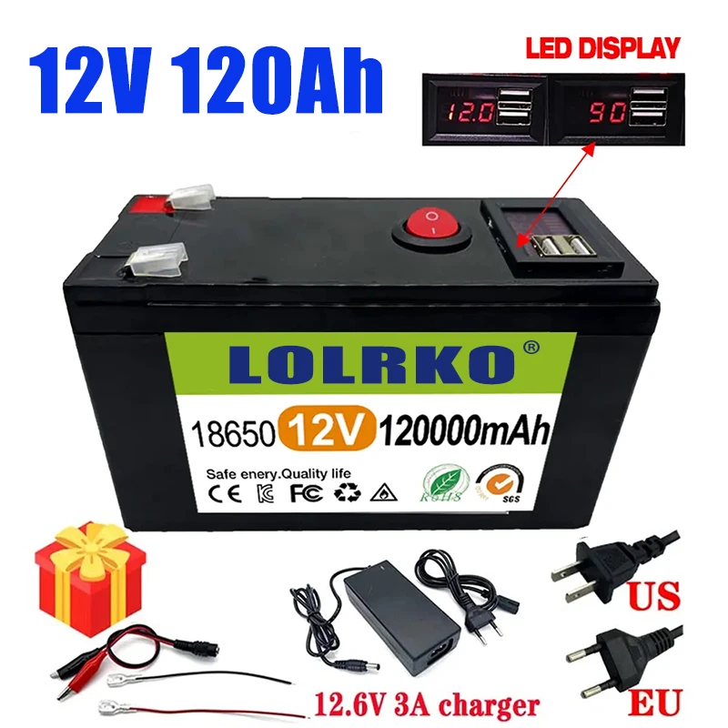 2023 Upgraded LiFePO4 Lithium Battery 12V 120Ah Portable Rechargeable Battery Built-in 5V 2.1A Usb Power Display Port Charging
