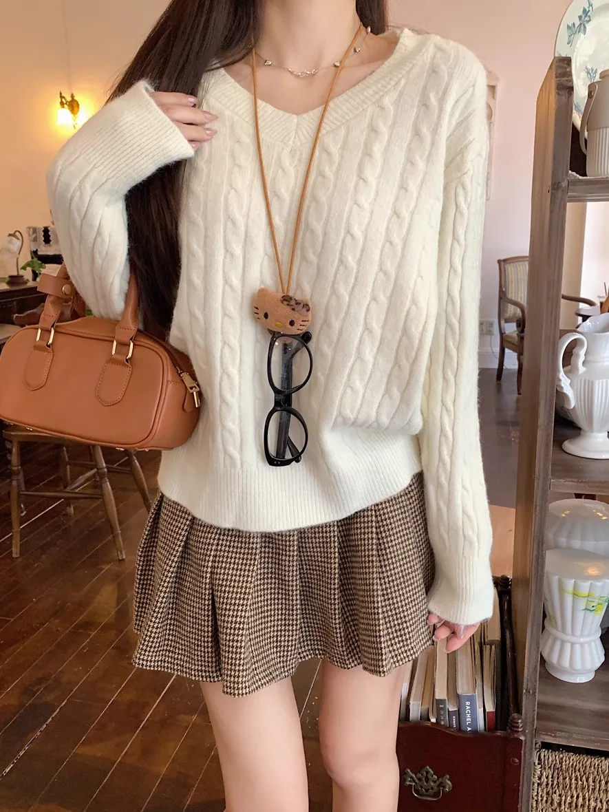 

Корейский вязаный свитер с длинными рукавами для женщин, V-образный вырез, узор «косы», теплый, свободный крой, модный осенне-зимний свитер