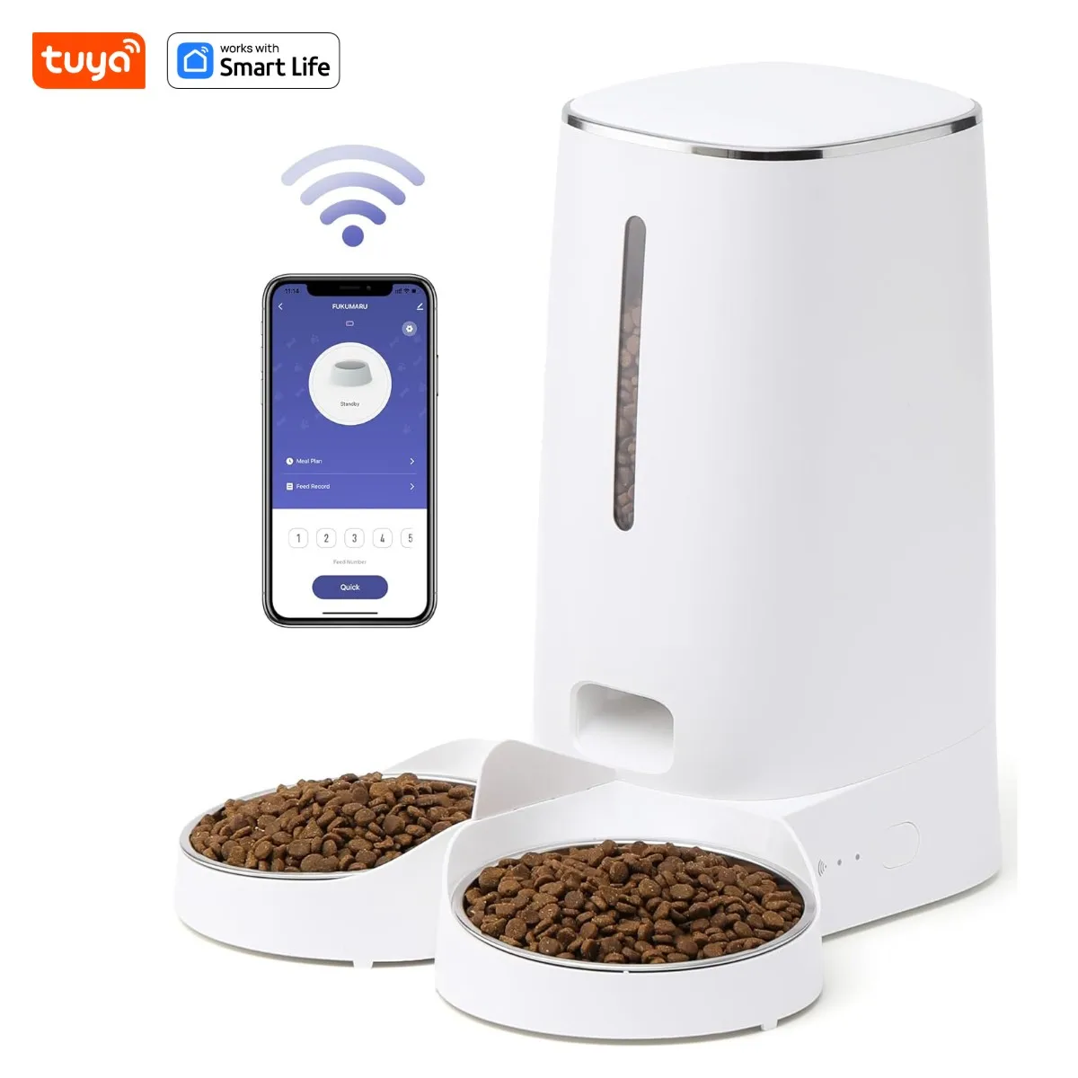 Tuya & Smart Life 4L Wi-Fi Automatic Pet Feeder, Double Stainless Steel Bowls with Low Food Alarm, Suitable for Cats & Small Dog