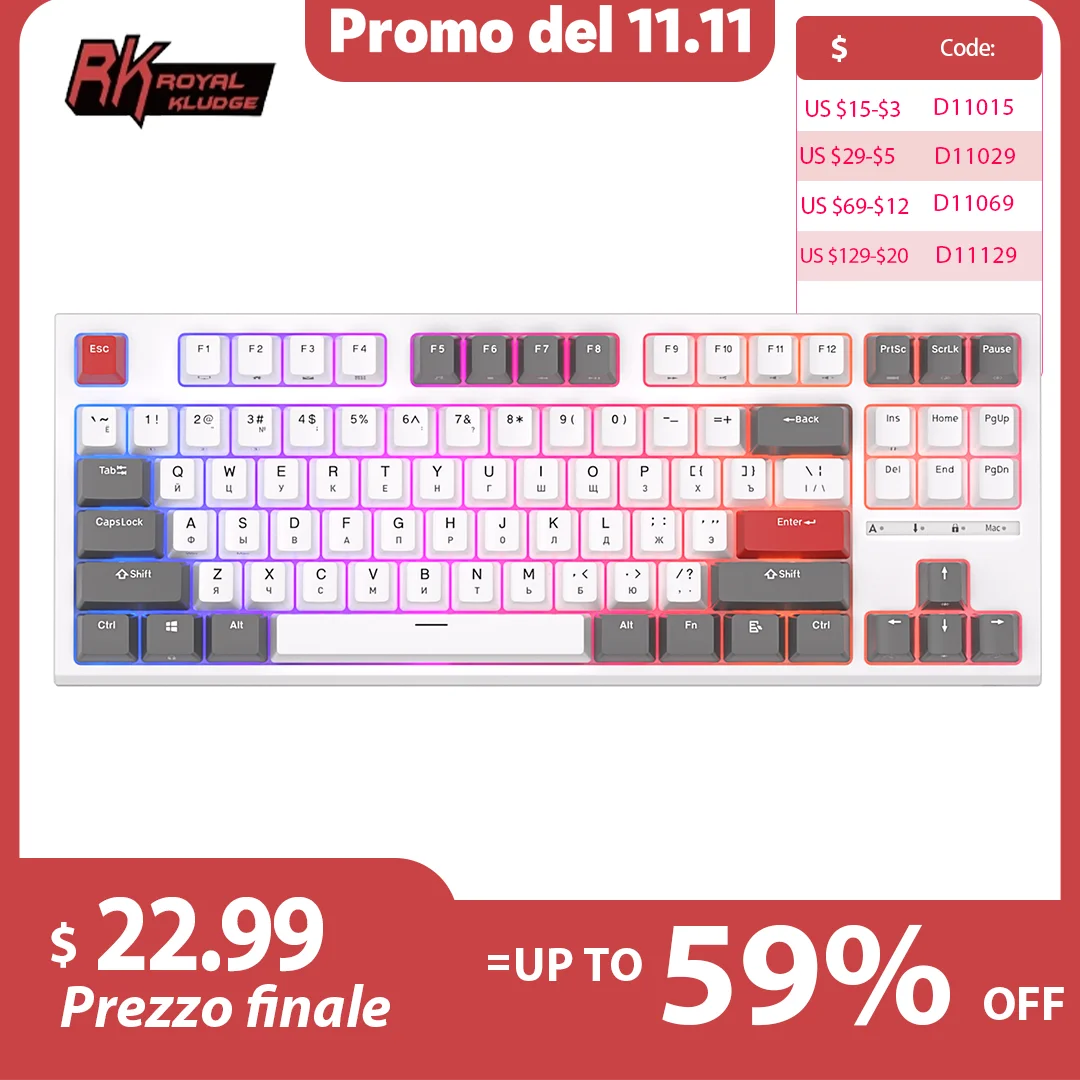 

RK ROYAL KLUDGE R87 Русская механическая клавиатура 87-клавишная проводная игровая клавиатура с RGB-подсветкой и возможностью горячей замены, индивидуальные колпачки для клавиш