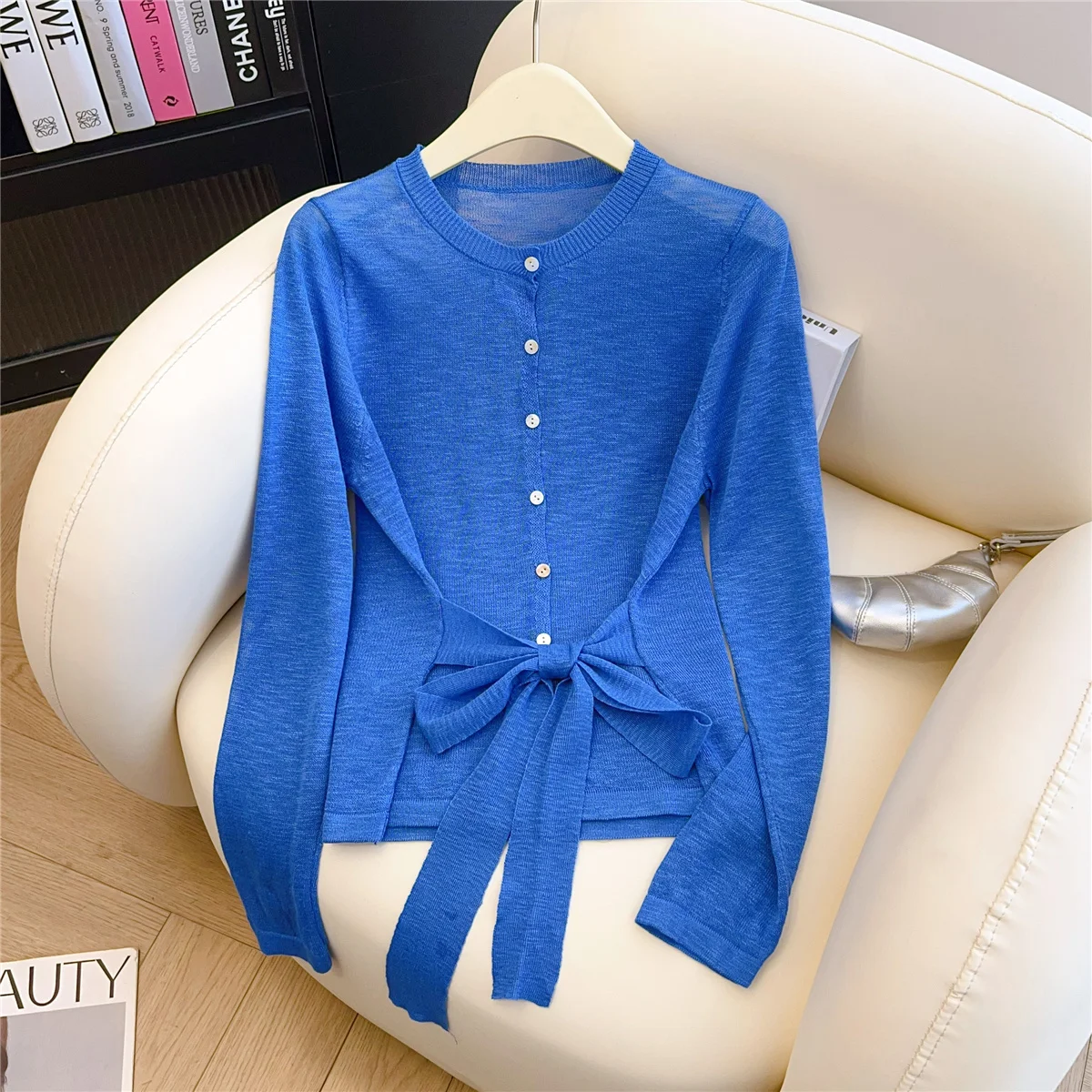Cárdigan de punto de manga larga con cordones para mujer, estilo francés elegante, fino, Color sólido, cuello redondo, prendas de punto versátiles, Tops informales