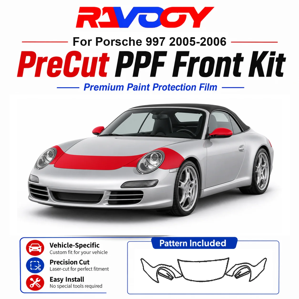 

8.5mil TPU Precut PPF Kit For Porsche 997 2005-2006 - Hood, Fenders & Mirror Set - Self-Healing Clear Bra Film
