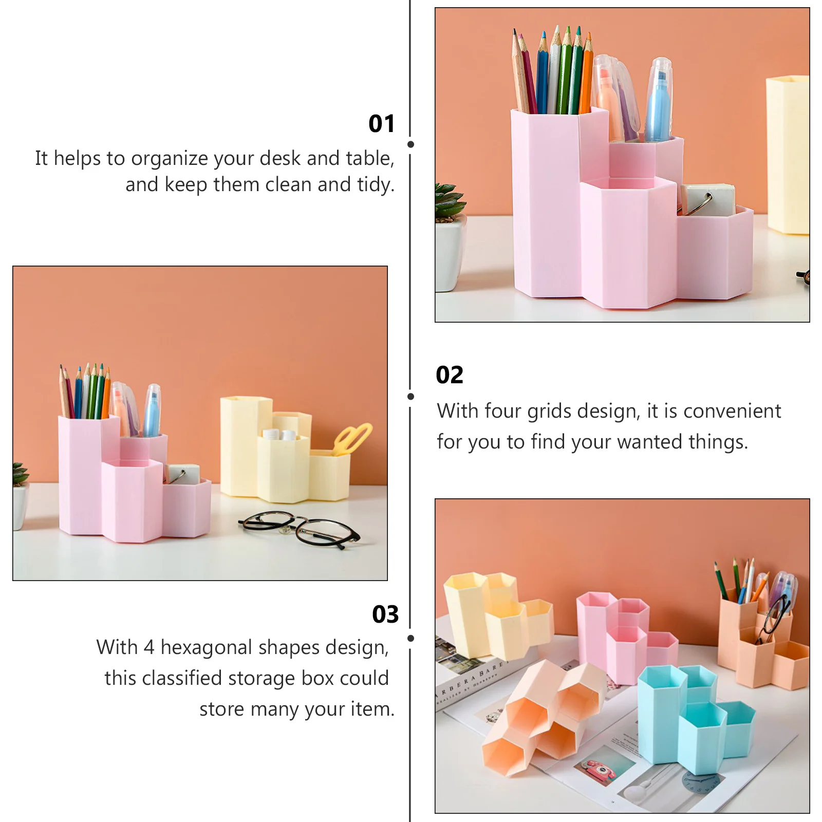 Porte-stylo hexagonal, accessoires de bureau, pot à crayons, conteneur de stockage, évaluation en plastique, étudiant, Pp E27