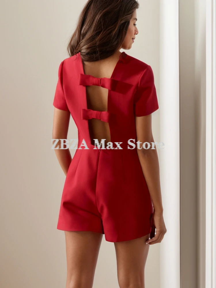 ZBZA Women\'s Bow Trim Short Jumpsuit Round Neck Hollow Out Solid Hidden Zip Mid Waist Backless Rompers New Female Chic Jumpsuit