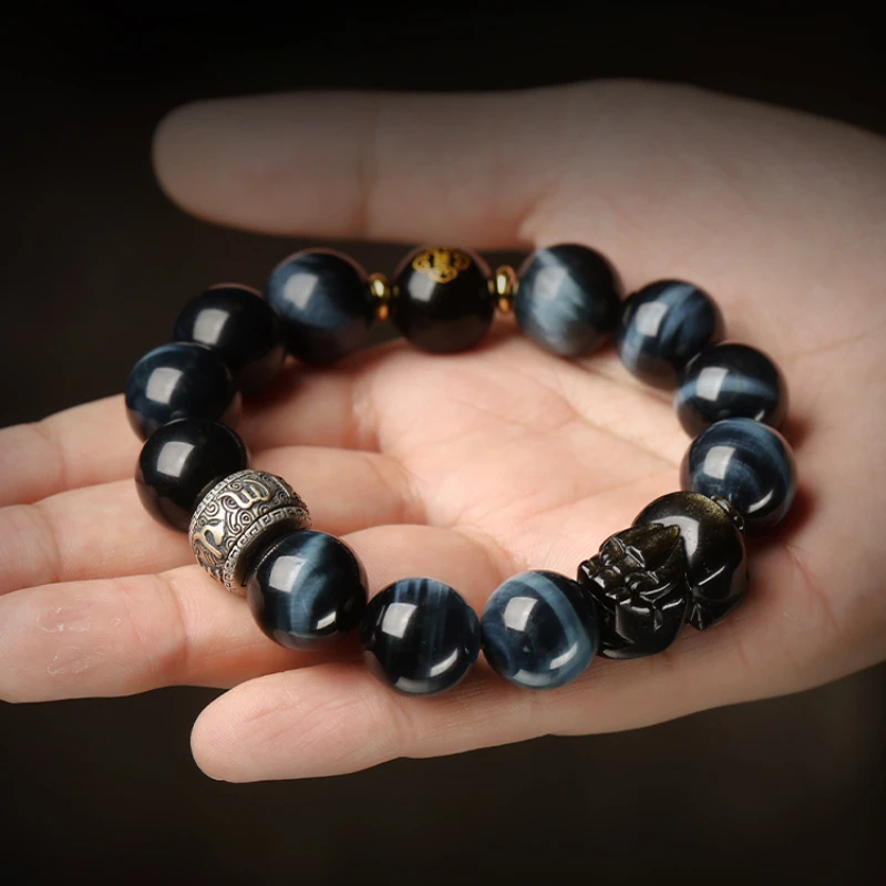 

Blue Tiger Eye Bracelet Men's High-end Gold Obsidian Brave Bracelet Collectible Lightning Pattern for Boyfriend Gifts for Elders