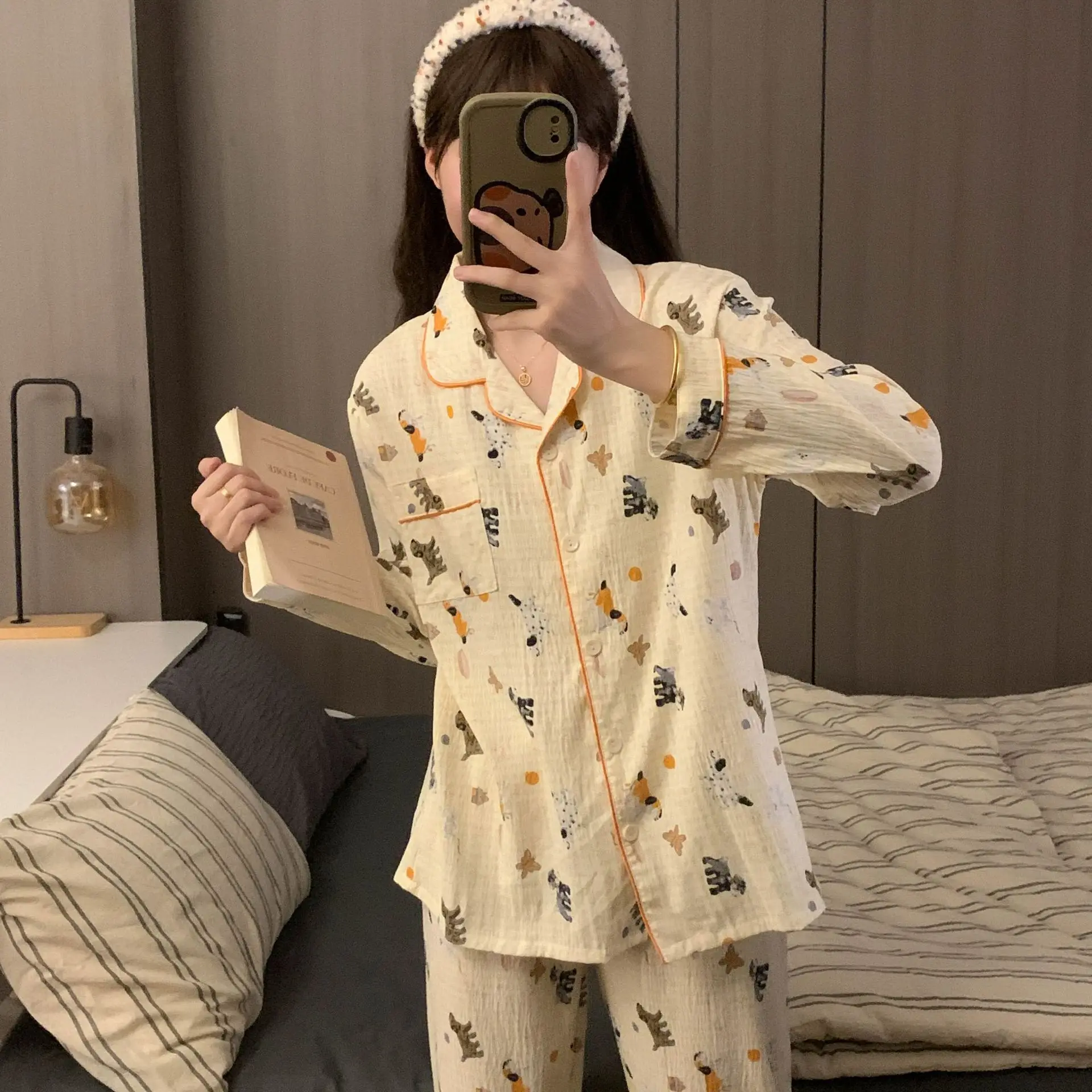 Pajamas set cute student women pyjamas autumn winter Mujer Dog Print Sleepwear Set Long Sleeve Top + Pants Homewear Breathable