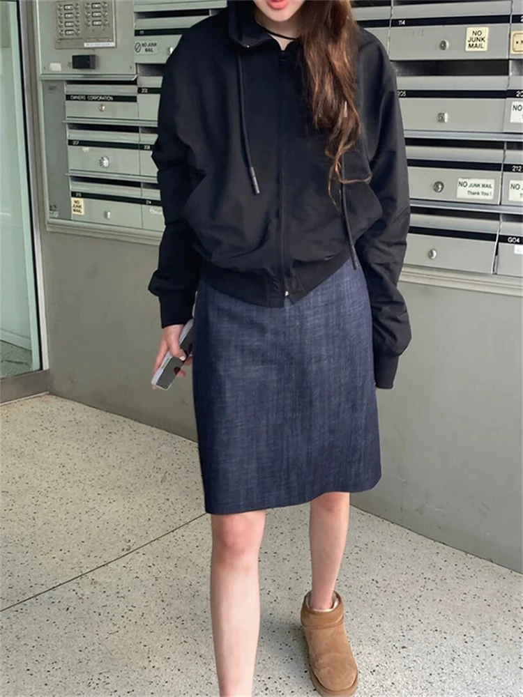 

High Waist A-Line Skirt Denim Texture Vintage Deep Blue Simple Design Commute Friendly Cotton Blend Busin Casual