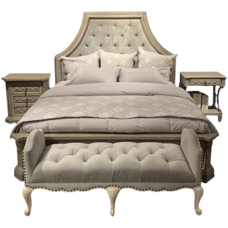 

Architectural Renaissance Solid Wood Bed French Retro Old Carved Double Bed Master Bedroom Fabric Wedding Bed