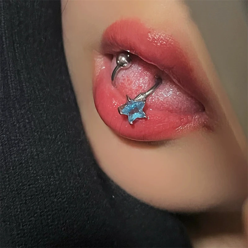 Titanium Steel Piercing Tongue Stud Zircon Five-pointed Star S-shaped Tongue Ring Punk Sexy Body Accessory