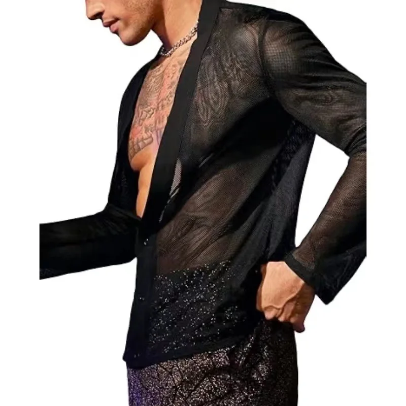 New Men's Underpants Panties Transparent Mesh Shirt V-neck Button Long-sleeved Muscle T-shirt Cardigan Tops