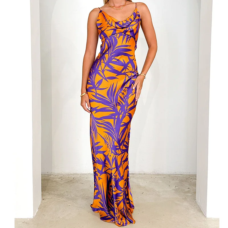 

2025 Spring/Summer Women's European and American New Dresses Purple Print V-Neck Long Skirt Slim Sexy High-Waisted Dress Women