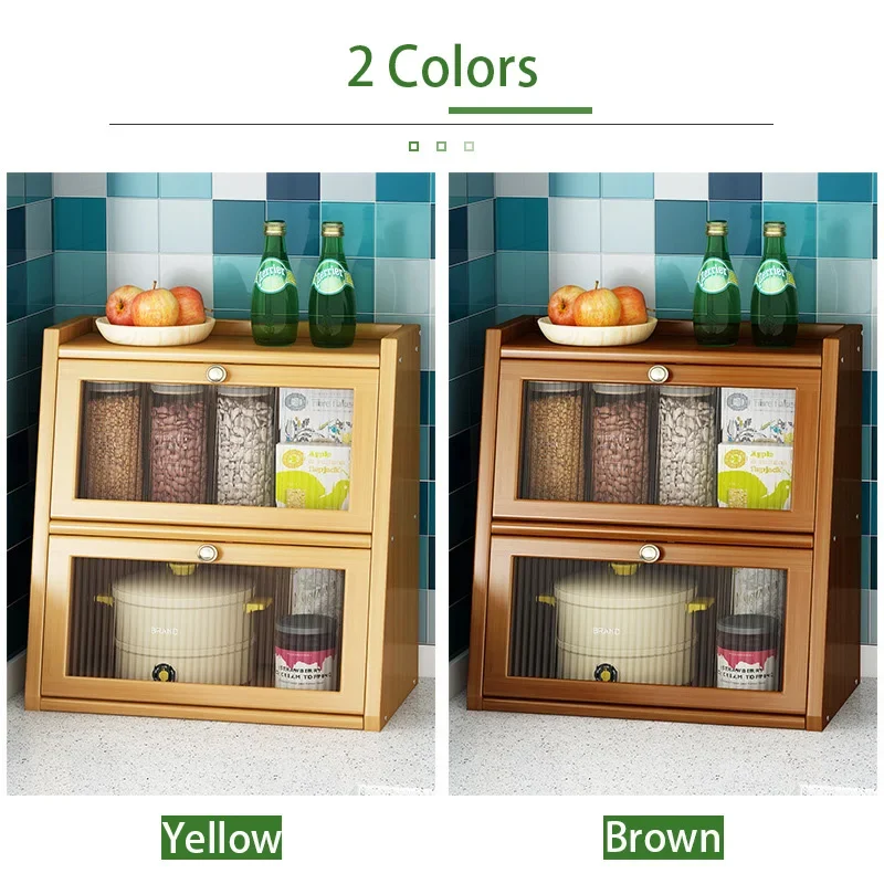 Bamboo Kitchen Storage Cabinet with Acrylic Door Tableware Storage Rack Desktop Storage Drawers Organizer Dish Display Cabinet