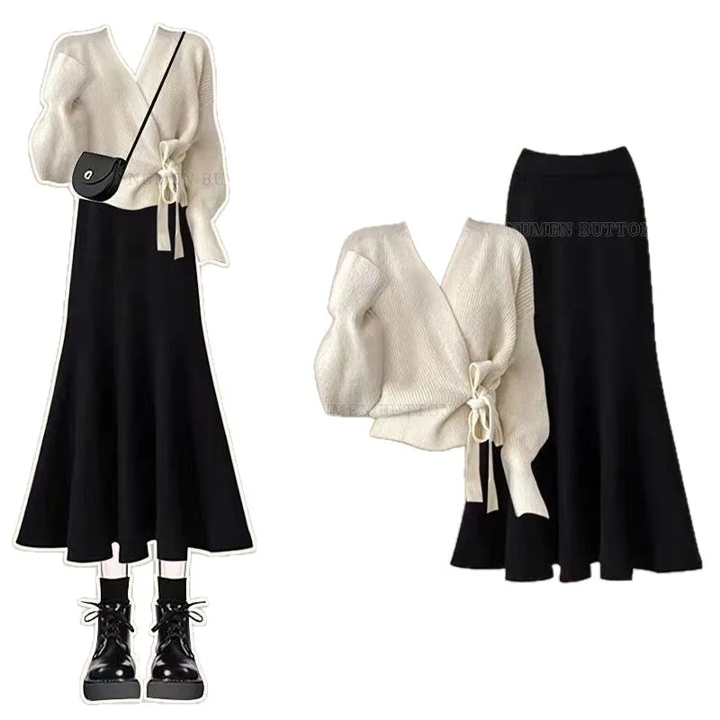 مجموعة الربيع والخريف على الطراز الفرنسي، سترة أنثوية برقبة على شكل حرف V + تنورة ذيل السمكة المحبوكة الراقية مكونة من قطعتين #5