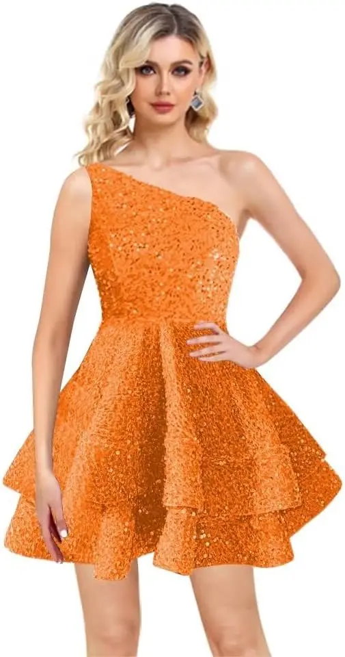 

Homdor One Sleeve Sequin Homecoming Dresses Short Layered Prom Dress for Teens Cocktail Gowns Cocktail Dresses Above Knee , Mini