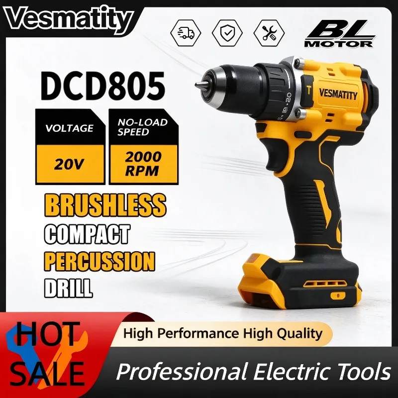 Cordless Brushless DCD805 Compact Hammer Drill Lithium Rechargeable Multi-Function Power Drill Tool For 18V Battery