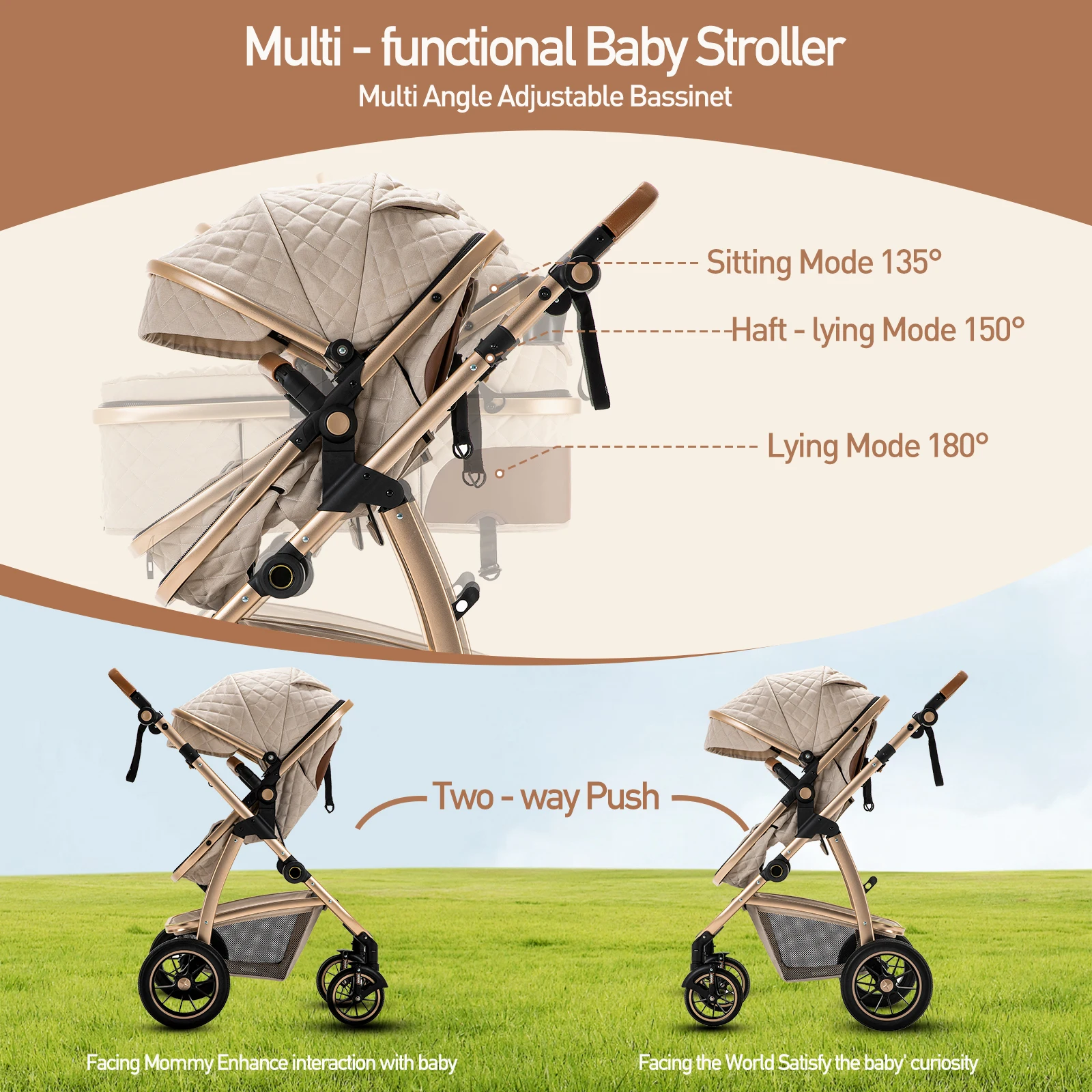 Luxurious Baby Stroller 3 in 1 Portable Travel Baby Carriage Folding Prams High Landscape Aluminum Frame Car for Newborn Baby