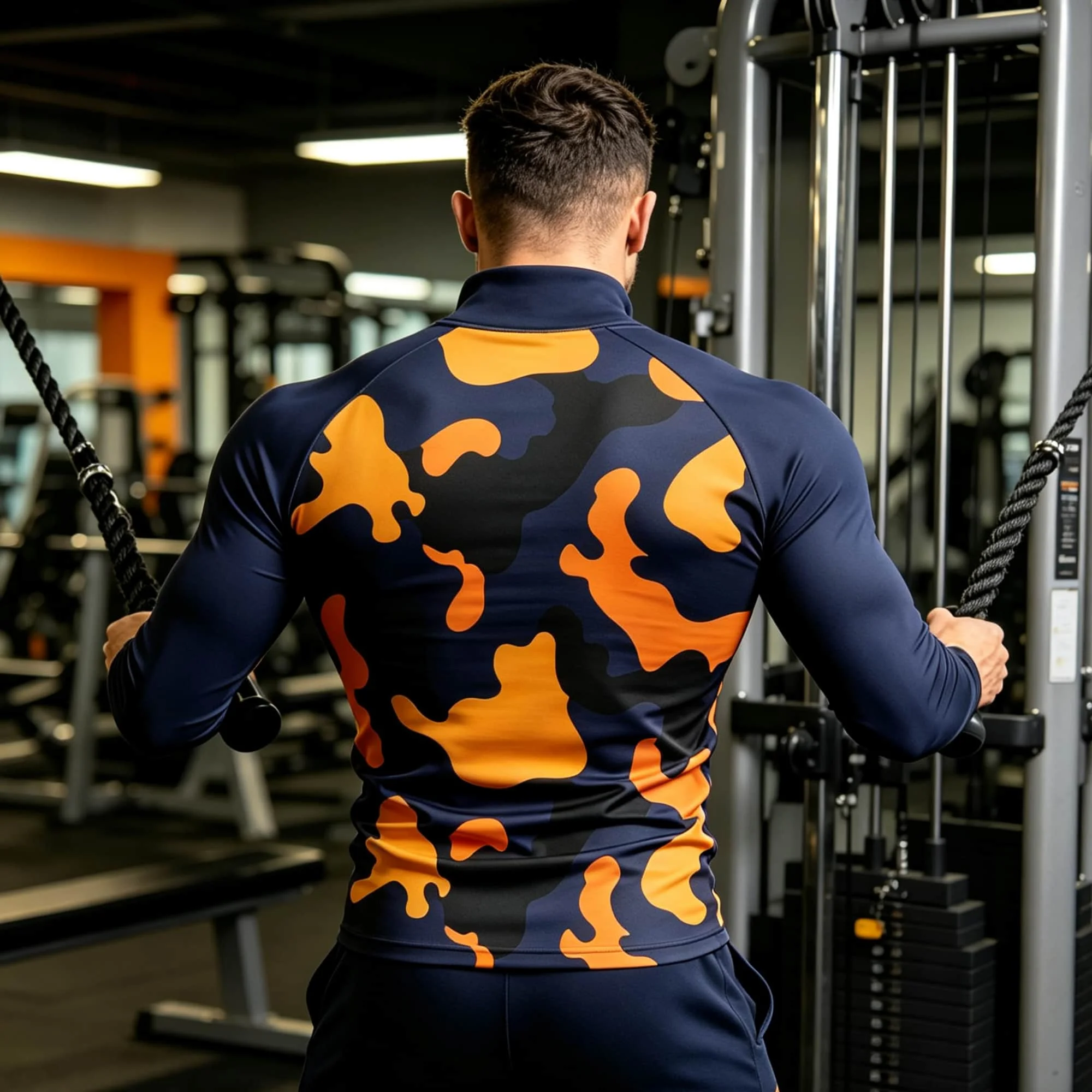 Color Block Camouflage Print Men Mock Neck Compression Tee Long Sleeve Stretch Fitness Training Sport Shirts