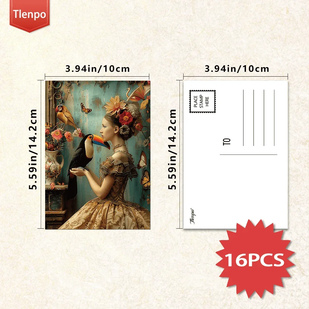 16pcs, Vintage Postcard, Rococo Fairy Tale Girl Animal, Bullet Journal Greeting Card, Bedroom Wall Decor, Collectible