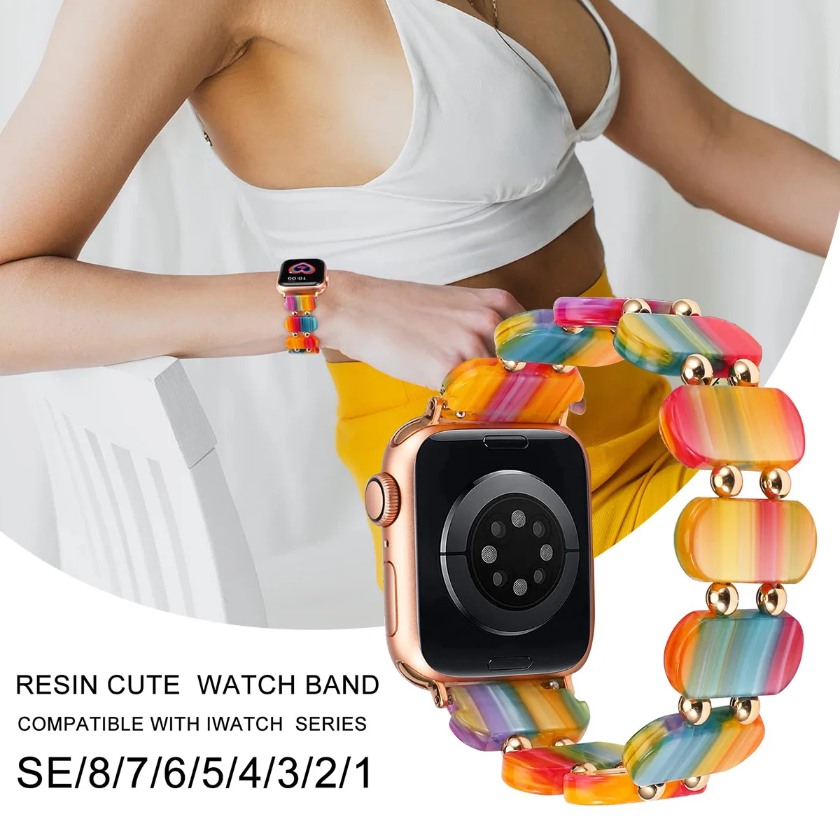 Resin strap for Apple Watch strap 41mm 40 44mm 45 42 Women\'s elastic ring strap metal bead suitable for iWatch series 9/8/6/5/se