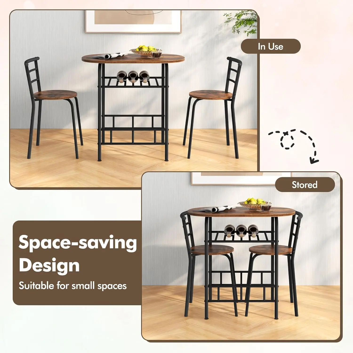 3 Piece Dining Set Compact 2 Chairs and Table Set w/ Metal Frame and Shelf Storage Bistro Pub Breakfast Space Saving