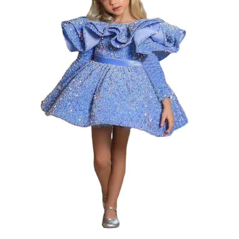 Spring 2025 Blue Sequin Princess Dress for Toddler Girls Short Sparkling Tutu for Birthday Party & Performance Factory Direct