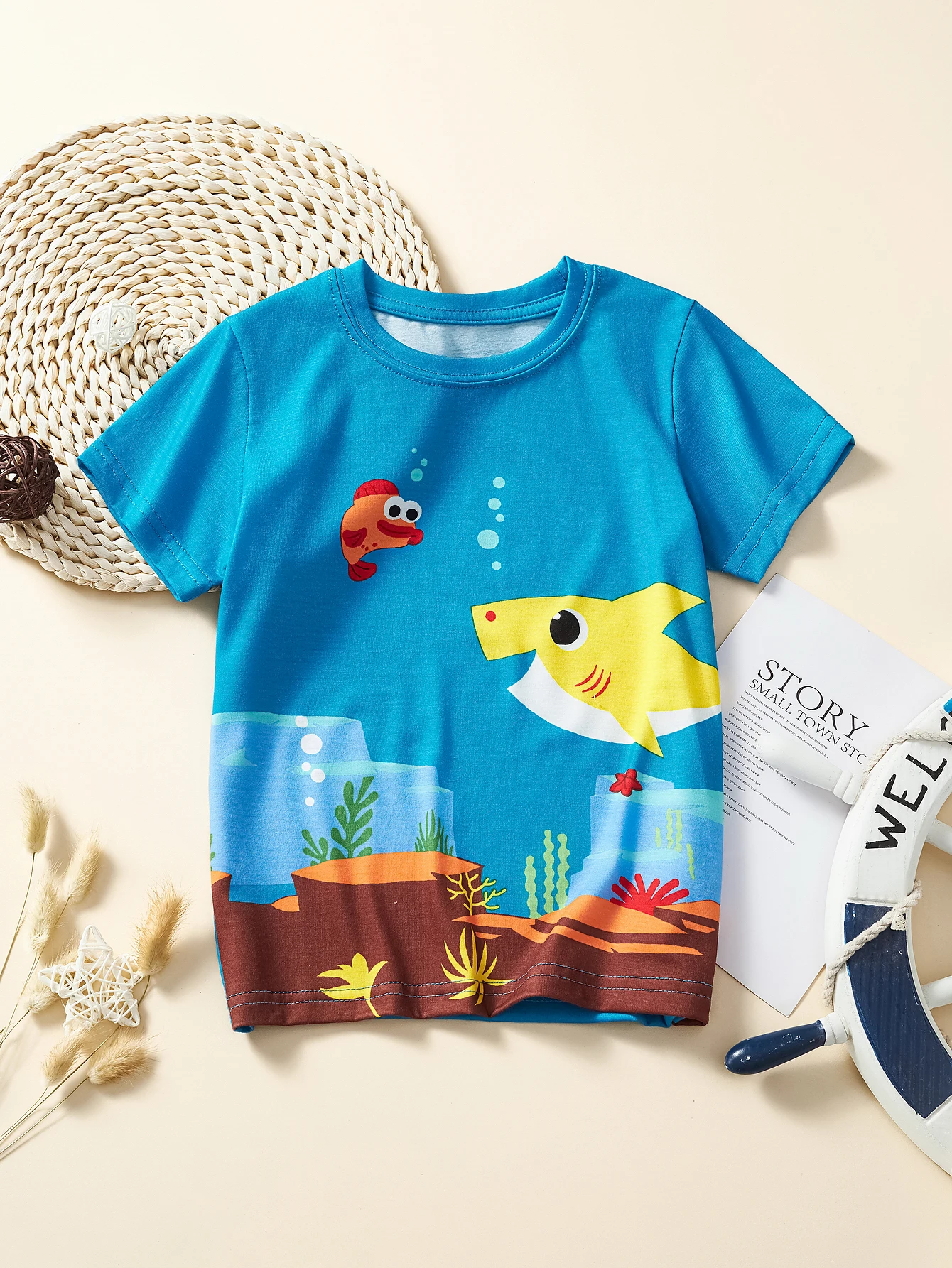 Summer Little Boy Blue Short Sleeved T-Shirt Kid Cartoon Cute Shark Print Clothes Baby School Outdoor Play Party 3-8Y Clothing