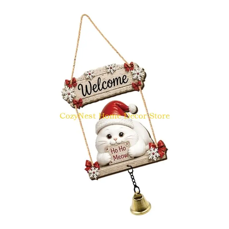 92MF Raised Character Relief on White Wood Board Shapes a Christmas Hanging Sign with Chain Accent for Entryway and Porch