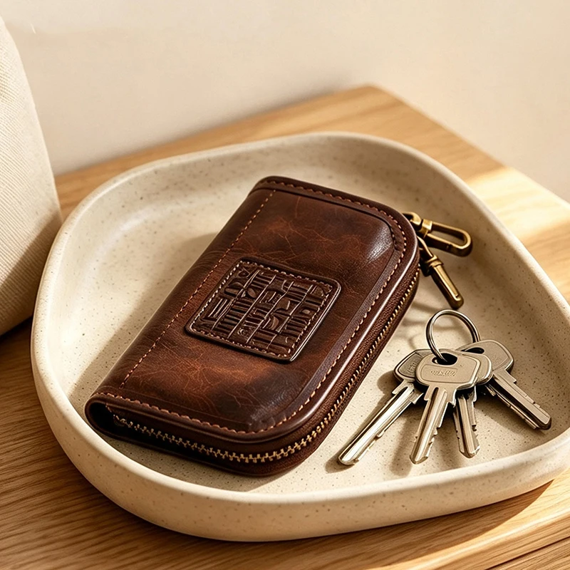 Genuine Leather Key Case, Embossed Top Grain Cowhide Vintage Car Key Holder, Multifunctional Coin Purse With Hanging Strap