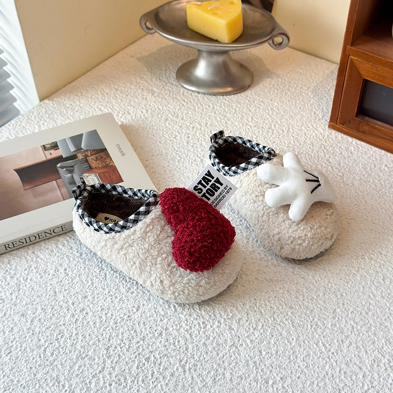 New Year Girls Slippers Cute Heart-shaped Winter Warm Slides Boys Houseshoes Children Bedroom Flat Soft Sole Home Shoes for Gift