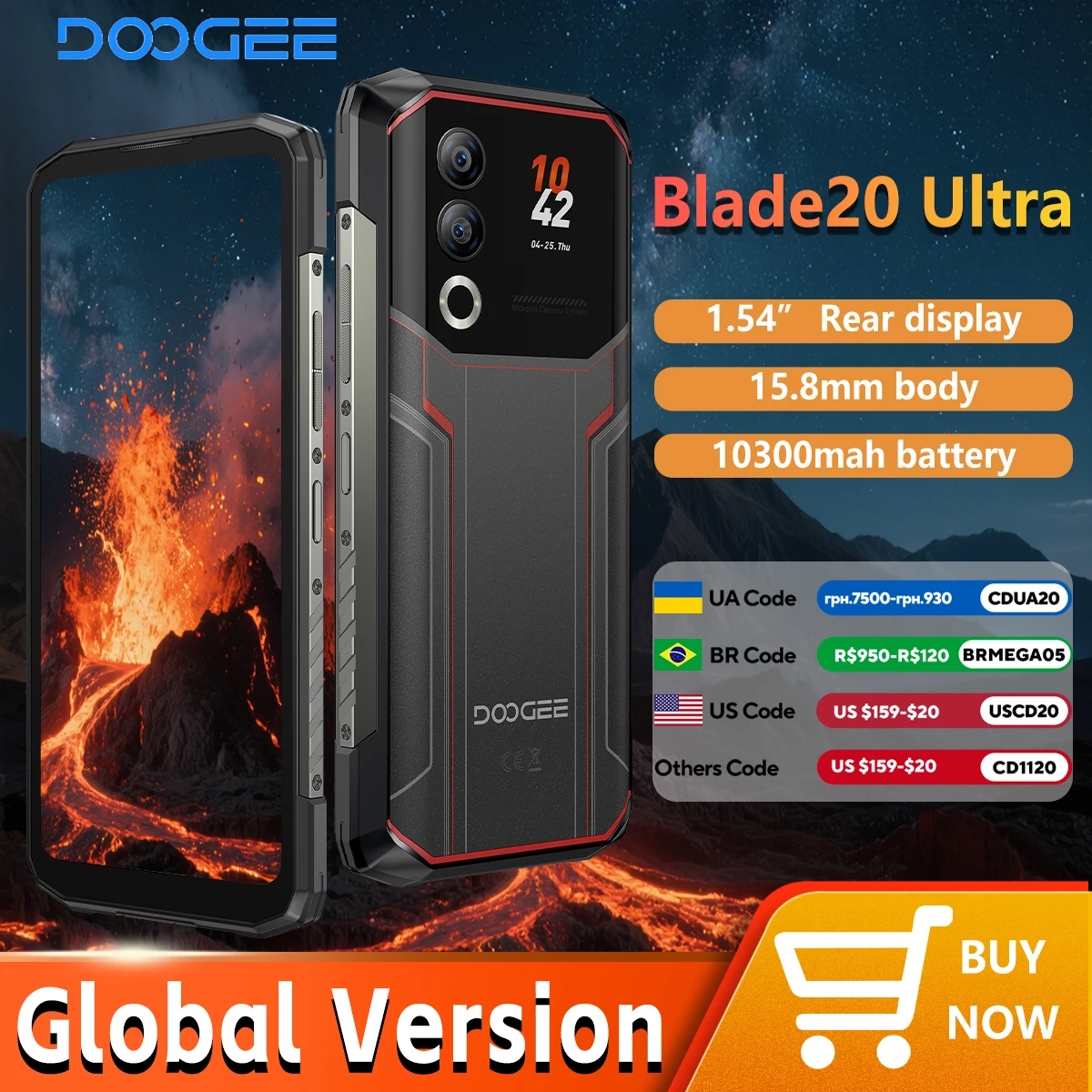 DOOGEE Blade20 Ultra Rugged Smartphone 6.6“ IPS Screen 1.54” Rear Screen 8GB+512GB 10300mAh 50MP Camera Android 14 NFC Phone