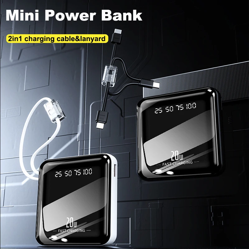 

Mini Power Bank 20000mAh Fast Charge With Cable Mobile Phone External Battery Charger Powerbank for iPhone Samsung Huawei Xiaomi