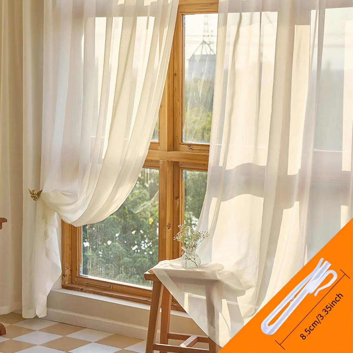 White Smooth Tulle Sheer Curtains 2Pcs, Pre-Fixed Pleat Soft Light Filtering Bedroom Living Room Voile Drapes