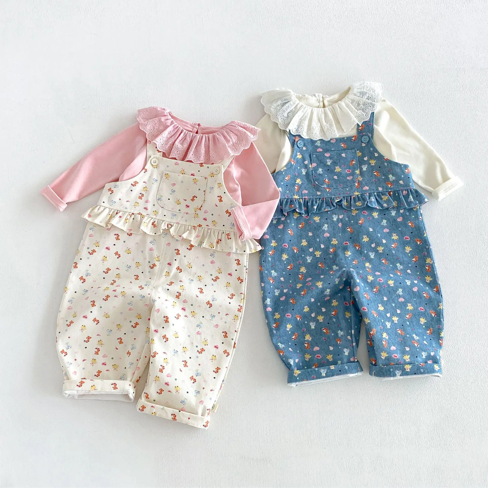 Kids Cartoon Print Suspender Pants 2026 Autumn New Toddler Girls Lace Decor Strap Overalls Soft Casual Children Trousers