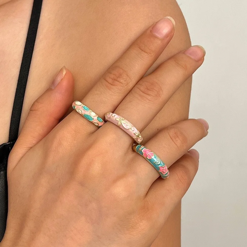 Niche Chinese Style Drip Oil Ring Colorful Ethnic Enamel Statement Ring Vintage Adjustable Floral Pattern Ring Daily Wear