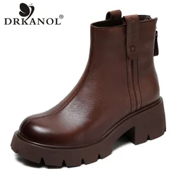 DRKANOL autunno inverno donna stivaletti con plateau fatti a mano in vera pelle tacco alto spesso stivali corti antiscivolo in stile britannico