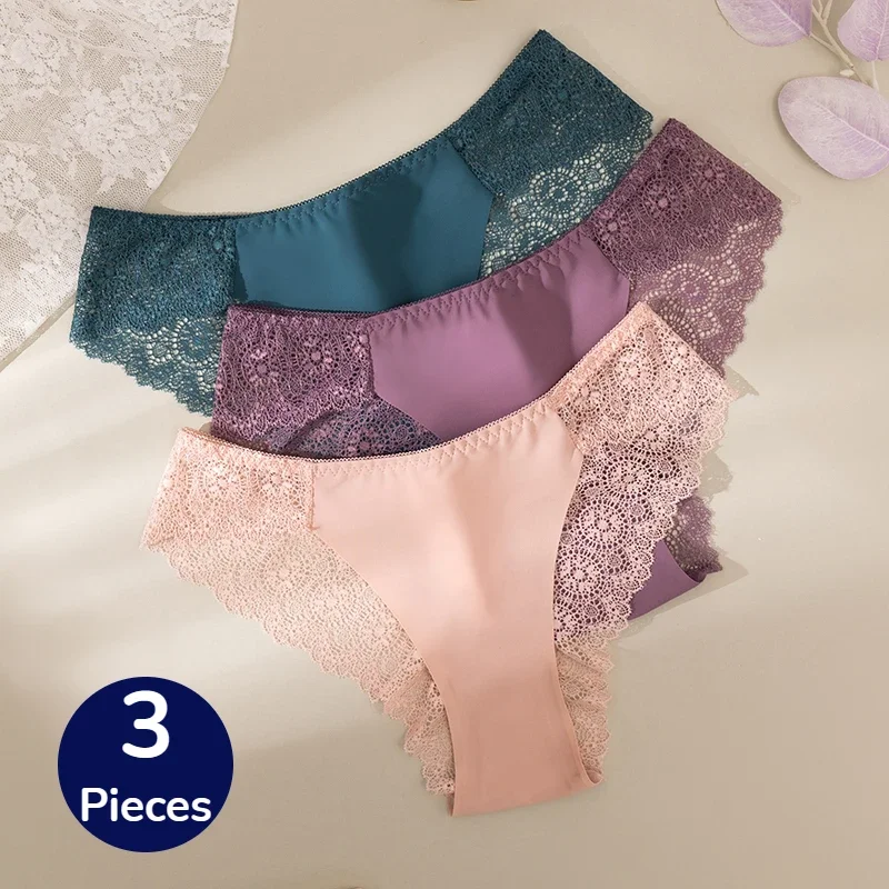 3PCS/Set Sweet Women's Panties Silk Satin Underwear Lace Sexy Lingerie Girls Breathable Briefs Soft Comfortable Panty