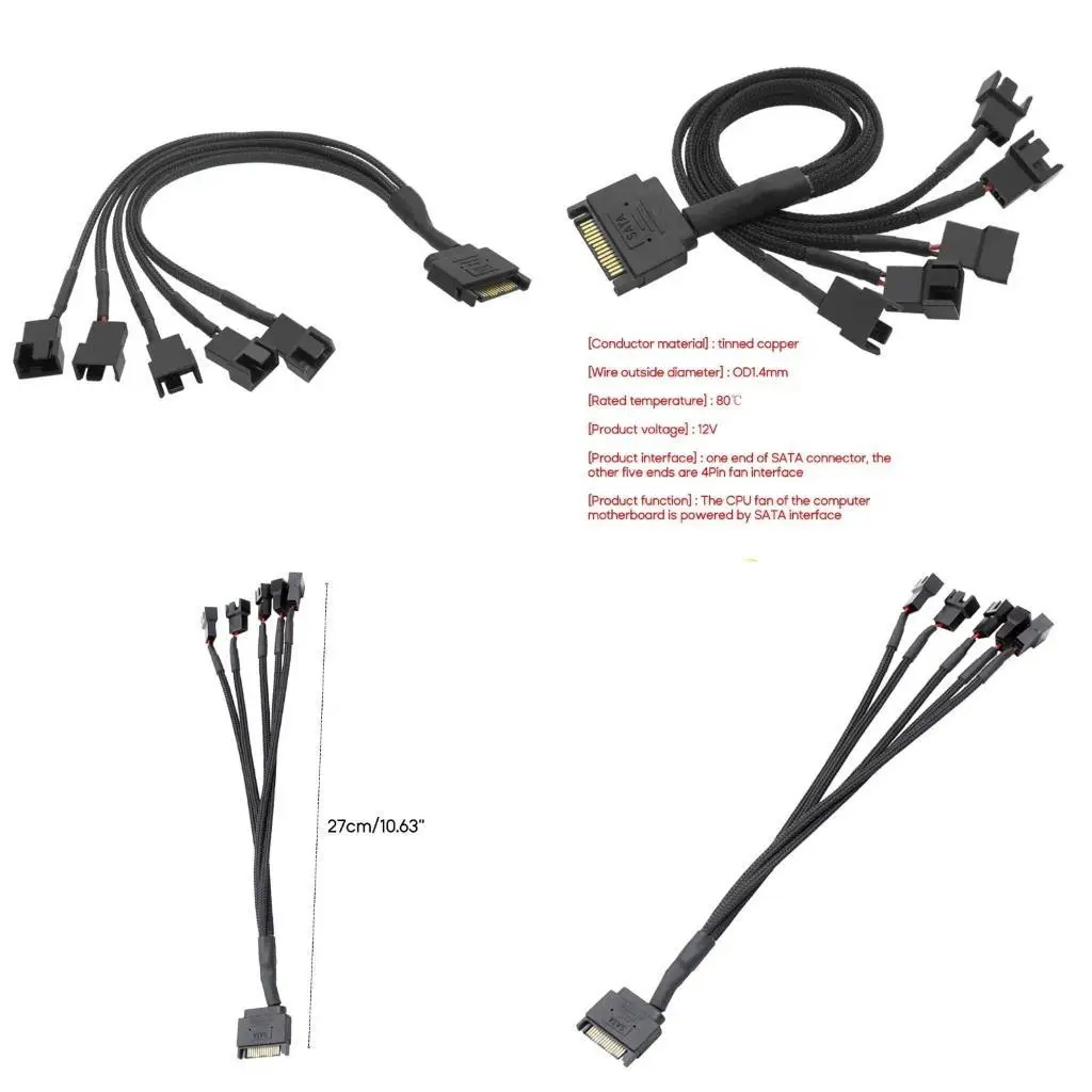 

652F Reliable to 5-port 4-Pin Fan Power Cable PC Computer Cooling Fan Splitter Converter Adapter Cord Extension Wire