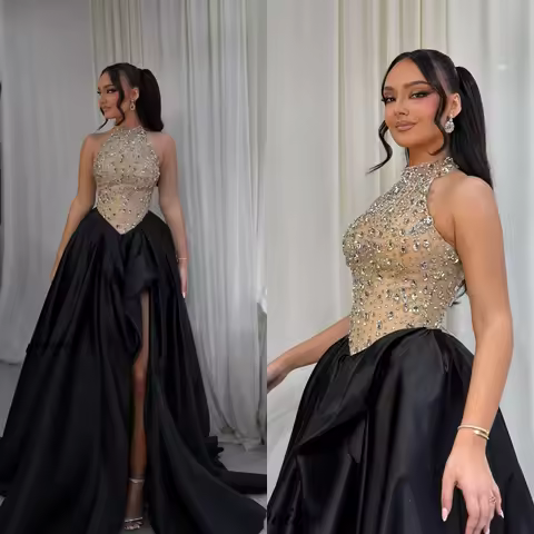 Classic A Line Evening Dresses For Women Halter Neck Sleeveless Gown Crystal Split Side Sweep Train Dress Party Customized Dress
