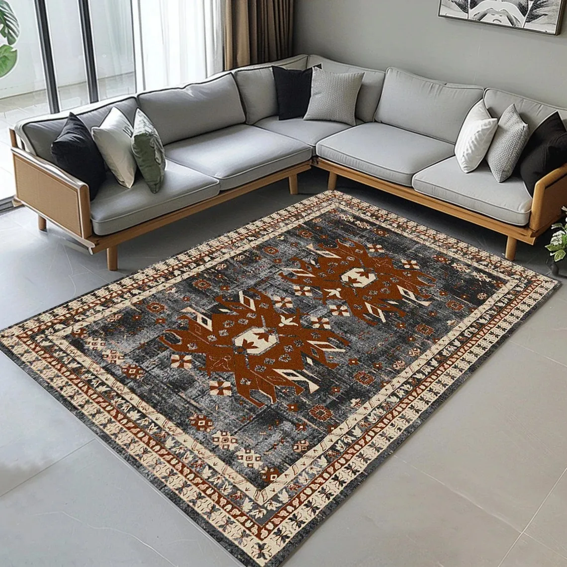 Boho Vintage Area Rug Washable Carpet Retro Moroccan Oriental Neutral Large Rug Nonslip Floor Mat for Living Room Bedroom Office