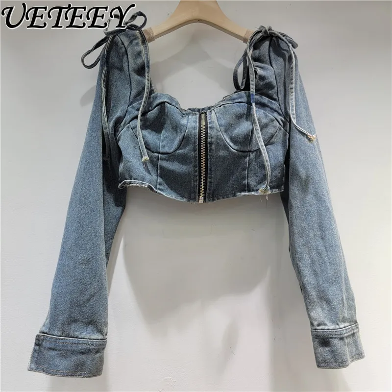 Nowa kolekcja wiosna-lato 2026: Niszowe, designerskie, dżinsowe bluzki z odkrytymi ramionami, krótkie topy, seksowne, sznurowane, dopasowane kurtki eksponujące pępek.